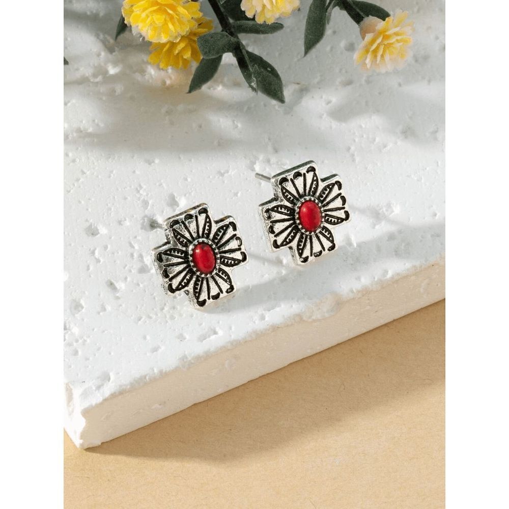 SILVER RED CORAL WESTERN SANTA FE STYLE CROSS STUD EARRINGS